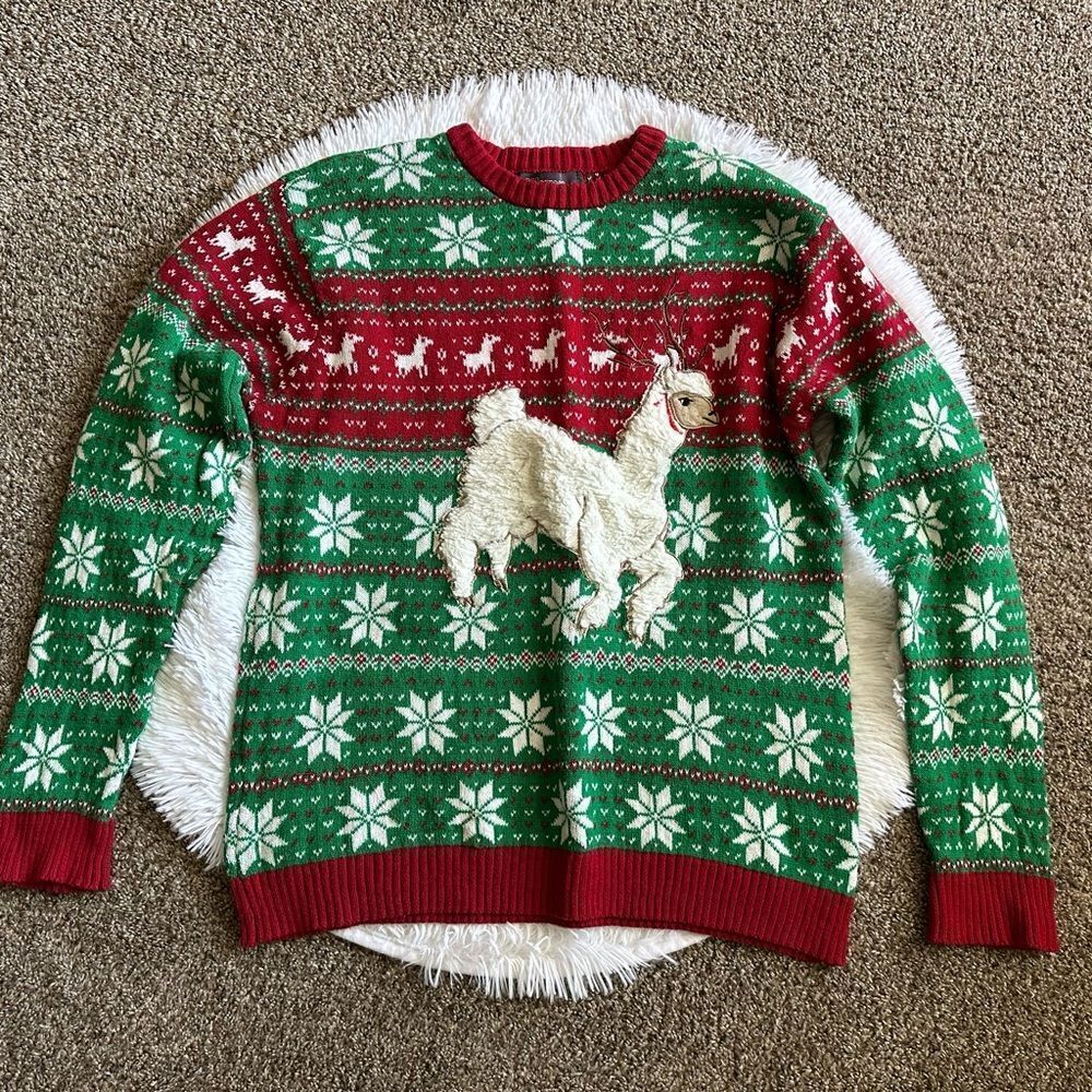 33Degrees Llama Christmas Sweater Womens Size Large Red Green Snowflakes Holiday